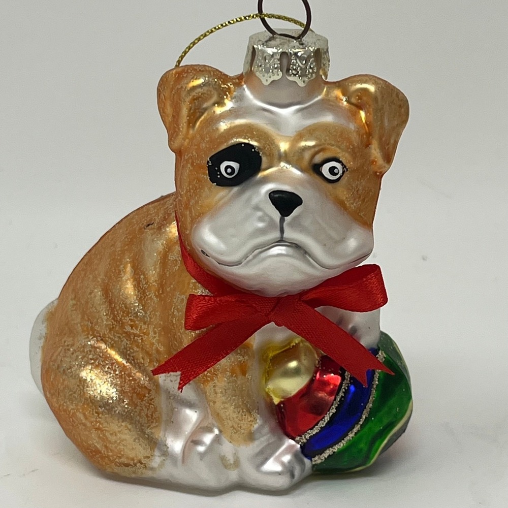 QueenWest Bulldog Dog Christmas Tree Ornaments Set of 2 Glass Blown Pet Holiday